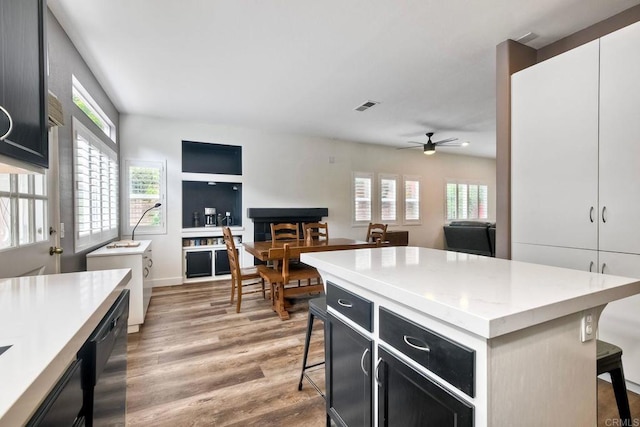 339 Diamante Way, Oceanside, CA 92056 - kitchen featuring a kitchen bar, dark cabinetry, light wood-type flooring, and ceiling fan