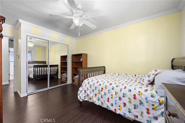 2818 Renegade Ave, Bakersfield, CA 93306 - bedroom with ornamental molding, a closet, wood finished floors, and ceiling fan