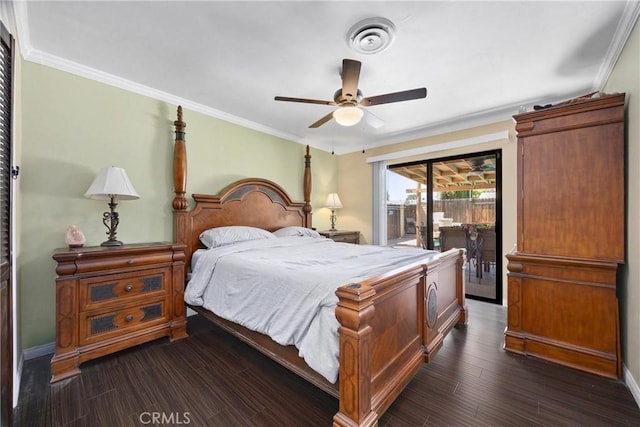2818 Renegade Ave, Bakersfield, CA 93306 - bedroom featuring access to outside, dark wood-type flooring, crown molding, and a ceiling fan