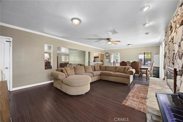 2818 Renegade Ave, Bakersfield, CA 93306 - living area featuring a ceiling fan, crown molding, and wood finished floors