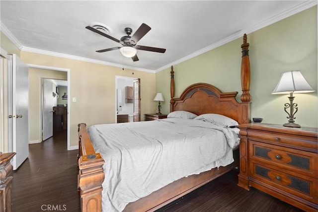 2818 Renegade Ave, Bakersfield, CA 93306 - bedroom featuring dark wood-style flooring, crown molding, ensuite bath, and a ceiling fan