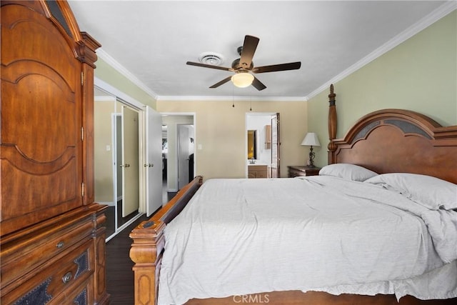 2818 Renegade Ave, Bakersfield, CA 93306 - bedroom with ornamental molding, wood finished floors, ceiling fan, and connected bathroom