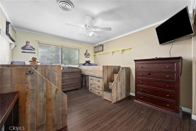 2818 Renegade Ave, Bakersfield, CA 93306 - bedroom featuring dark wood-style flooring, ornamental molding, a ceiling fan, and an office area