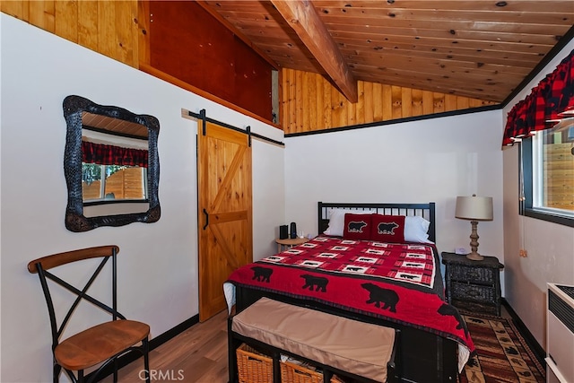 721 Riverside Ave, Sugarloaf, CA 92386 - bedroom featuring wood finished floors, a barn door, wooden ceiling, and multiple windows