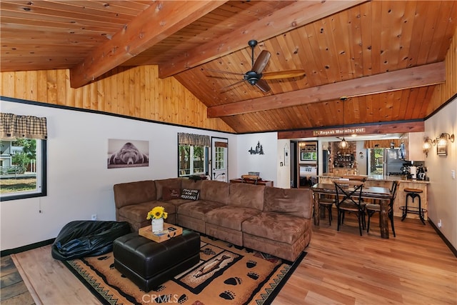 721 Riverside Ave, Sugarloaf, CA 92386 - living area with light wood-style floors, plenty of natural light, a ceiling fan, and wooden ceiling
