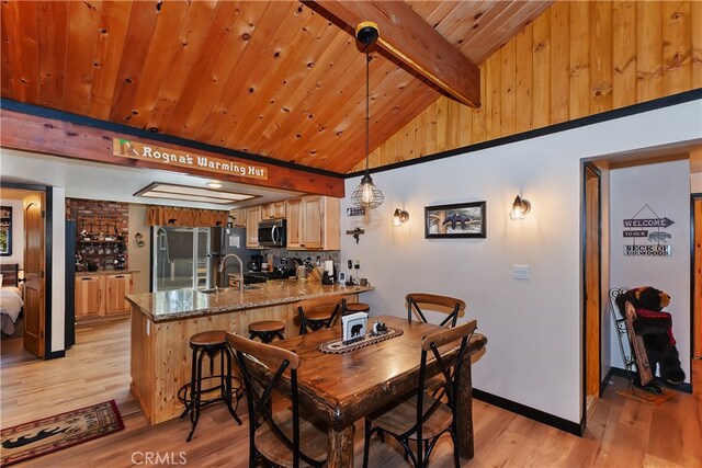 721 Riverside Ave, Sugarloaf, CA 92386 - dining area with wooden ceiling and light wood-type flooring