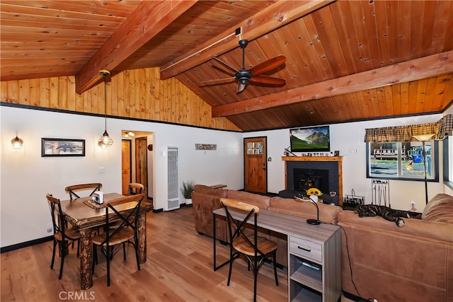 721 Riverside Ave, Sugarloaf, CA 92386 - living area featuring a heating unit, light wood-type flooring, a brick fireplace, ceiling fan, and wood ceiling