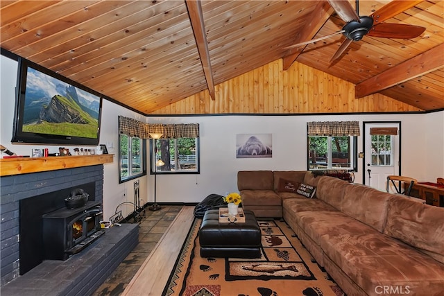 721 Riverside Ave, Sugarloaf, CA 92386 - living area with wood-type flooring, wooden ceiling, a wood stove, and ceiling fan