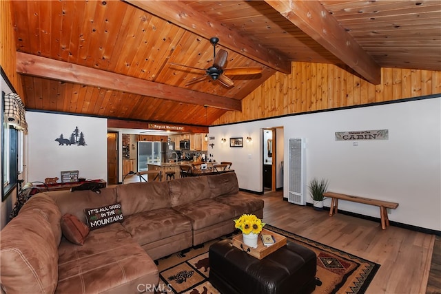 721 Riverside Ave, Sugarloaf, CA 92386 - living room with wood finished floors, a heating unit, a ceiling fan, and wooden ceiling