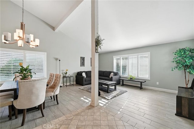 1817 Balboa Way, Upland, CA 91784 - dining space with a chandelier, wood finished floors, and high vaulted ceiling