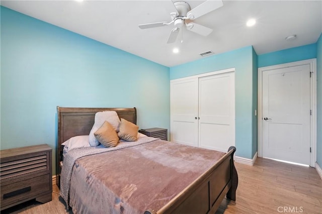 1817 Balboa Way, Upland, CA 91784 - bedroom featuring light wood-type flooring, a closet, recessed lighting, and ceiling fan