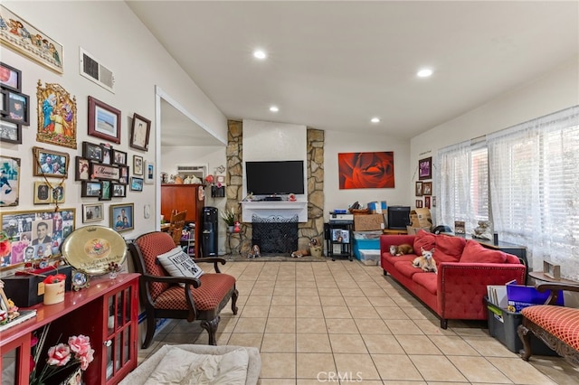 19121 Galatina St, Rowland Heights, CA 91748 - living area featuring tile patterned floors, recessed lighting, and a stone fireplace