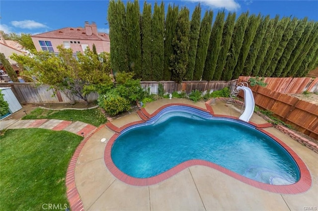 38742 Berrycreek Ct, Palmdale, CA 93551 - view of pool featuring a water slide, a fenced backyard, and a patio area