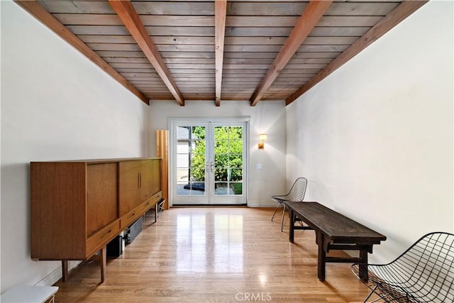 1911 Pepper Dr, Altadena, CA 91001 - unfurnished room with a wooden ceiling with exposed beams, light wood-style floors, and french doors