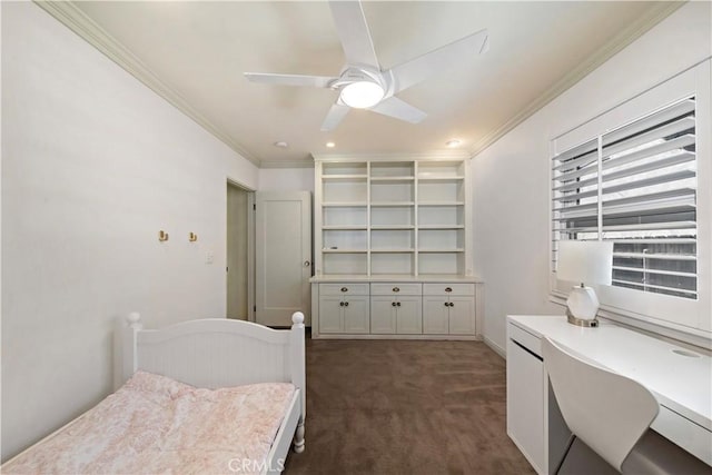 1911 Pepper Dr, Altadena, CA 91001 - bedroom with ornamental molding, dark colored carpet, an office area, and a ceiling fan