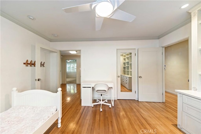 1911 Pepper Dr, Altadena, CA 91001 - bedroom with light wood-style flooring, crown molding, and a ceiling fan