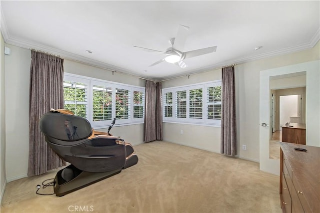 1911 Pepper Dr, Altadena, CA 91001 - living area featuring crown molding, ceiling fan, and light colored carpet