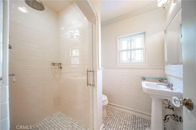 1911 Pepper Dr, Altadena, CA 91001 - full bath featuring a stall shower, ornamental molding, a wainscoted wall, and tile walls