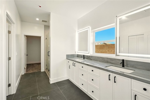 36733 42nd St E, Palmdale, CA 93552 - full bathroom with a shower stall, tile patterned flooring, double vanity, and recessed lighting