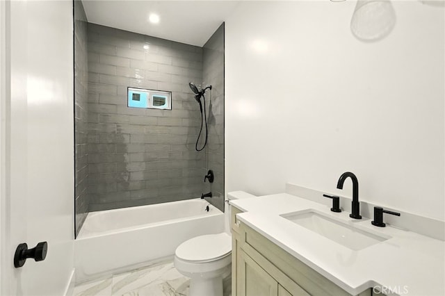 36733 42nd St E, Palmdale, CA 93552 - bathroom with marble look tile flooring, vanity, shower / tub combination, and recessed lighting