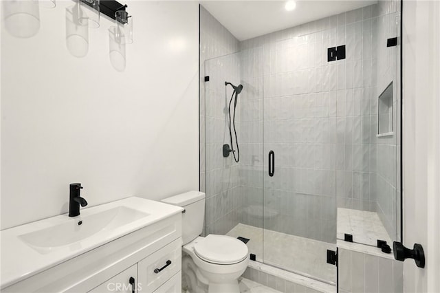 36733 42nd St E, Palmdale, CA 93552 - bathroom with a stall shower, vanity, marble finish flooring, and recessed lighting
