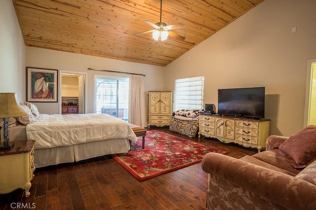 1613 Lassen Way, Pine Mountain Club, CA 93222 - bedroom featuring wooden ceiling, dark wood finished floors, high vaulted ceiling, and ceiling fan