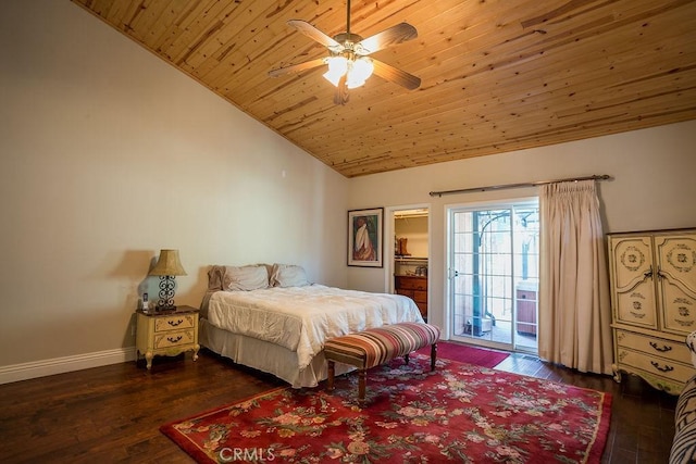 1613 Lassen Way, Pine Mountain Club, CA 93222 - bedroom with lofted ceiling, access to exterior, wooden ceiling, dark wood-type flooring, and a ceiling fan