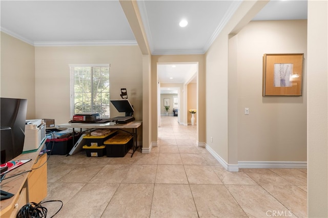 6585 Youngstown St, Chino, CA 91710 - hall featuring crown molding, a desk, and light tile patterned flooring