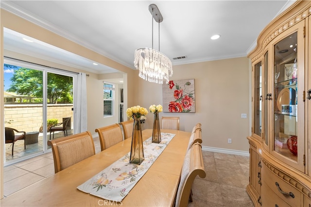6585 Youngstown St, Chino, CA 91710 - dining space with crown molding, a chandelier, and recessed lighting