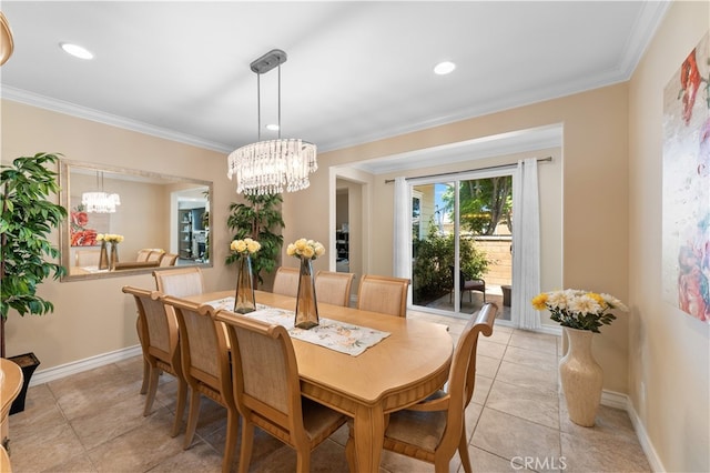 6585 Youngstown St, Chino, CA 91710 - dining room with crown molding, light tile patterned flooring, a chandelier, and recessed lighting
