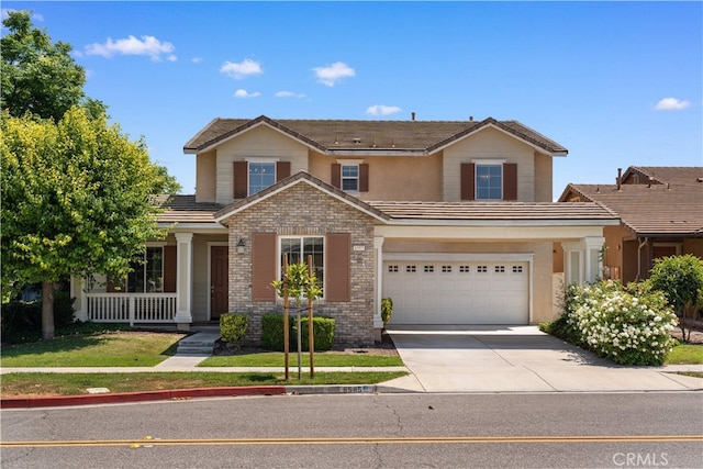 6585 Youngstown St, Chino, CA 91710 - traditional-style home featuring driveway, a garage, stucco siding, a tile roof, and brick siding