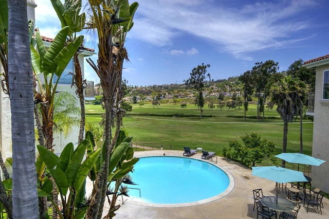 2532 Navarra Dr Unit A, Carlsbad, CA 92009 - swimming pool featuring view of golf course, a patio, and a lawn