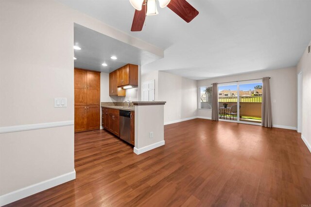 1087 Shadowridge Dr Unit 101, Vista, CA 92081 - kitchen with dishwasher, open floor plan, ceiling fan, dark wood-type flooring, and recessed lighting