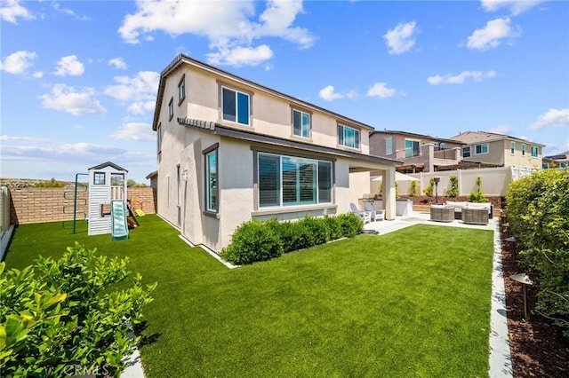 32067 Dawning Rdg, Temecula, CA 92591 - back of property featuring an outdoor living space, stucco siding, a fenced backyard, and a playground