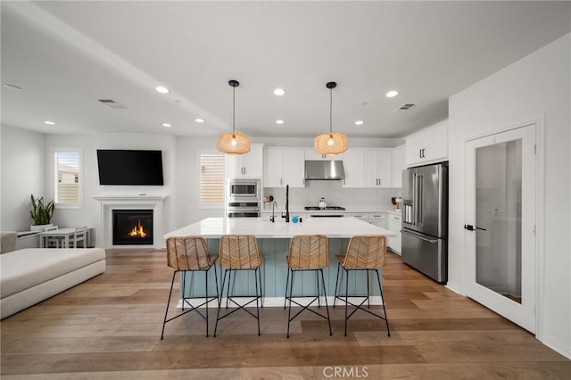 32067 Dawning Rdg, Temecula, CA 92591 - kitchen featuring appliances with stainless steel finishes, under cabinet range hood, open floor plan, light wood-style flooring, and recessed lighting