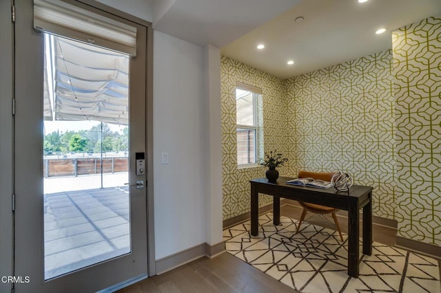 820 Mission St Unit 208, South Pasadena, CA 91030 - doorway featuring wallpapered walls, recessed lighting, wood finished floors, and an office area