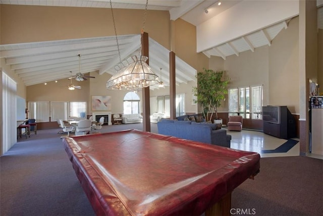 43195 Andrade Ave Unit K, Hemet, CA 92544 - recreation room featuring beam ceiling, billiards table, carpet floors, a ceiling fan, and a fireplace