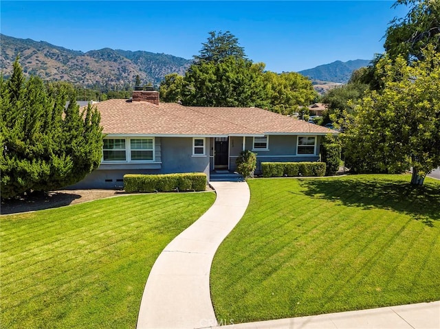 883 E Leadora Ave, Glendora, CA 91741 - single story home featuring a front lawn, a mountain view, stucco siding, and a chimney