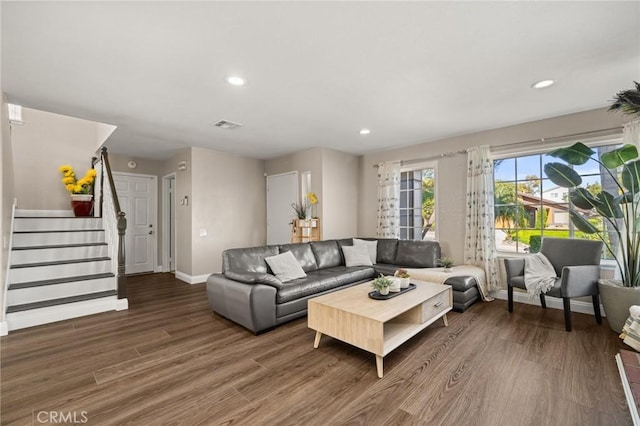 439 Acaso Dr, Walnut, CA 91789 - living area with wood finished floors, stairway, and recessed lighting