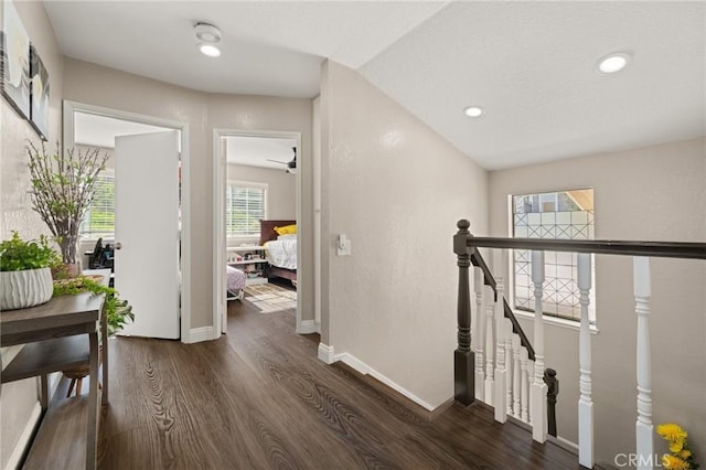 439 Acaso Dr, Walnut, CA 91789 - hall featuring dark wood-style floors, an upstairs landing, and recessed lighting