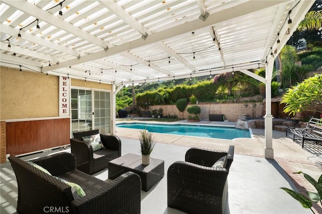 439 Acaso Dr, Walnut, CA 91789 - view of swimming pool featuring an outdoor hangout area, a pergola, a patio, and a fenced backyard