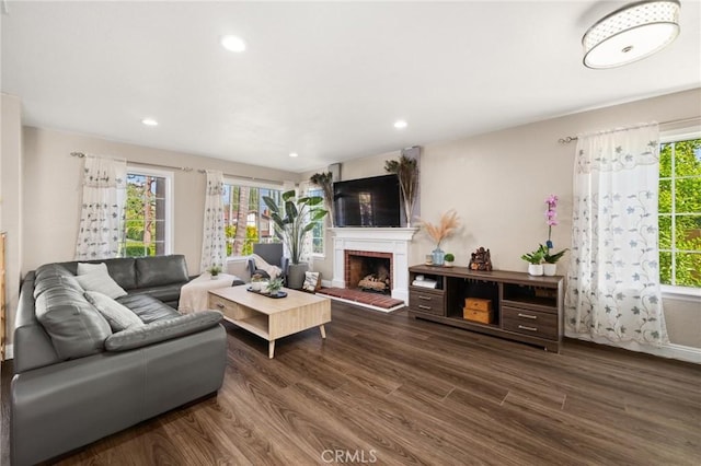 439 Acaso Dr, Walnut, CA 91789 - living area featuring wood finished floors, a brick fireplace, and recessed lighting