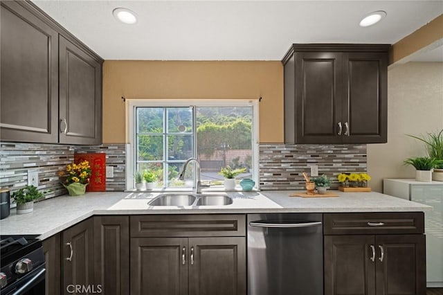 439 Acaso Dr, Walnut, CA 91789 - kitchen with dishwasher, black gas stove, tasteful backsplash, dark brown cabinetry, and recessed lighting