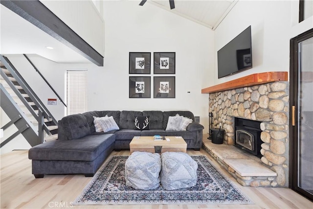 362 Old Mammoth Rd Unit 47, Mammoth Lakes, CA 93546 - living room with light wood-style floors, lofted ceiling, and stairway