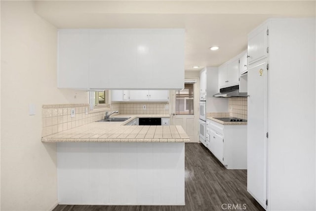 17342 Almelo Ln, Huntington Beach, CA 92649 - kitchen with under cabinet range hood, black electric cooktop, a peninsula, light countertops, and decorative backsplash