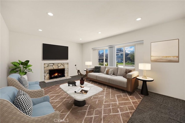 17342 Almelo Ln, Huntington Beach, CA 92649 - living area featuring a stone fireplace, carpet flooring, and recessed lighting