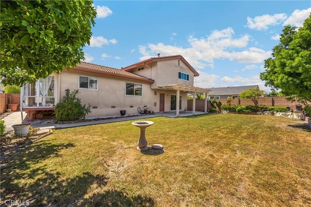17342 Almelo Ln, Huntington Beach, CA 92649 - rear view of property with a pergola, a patio, crawl space, a fenced backyard, and stucco siding