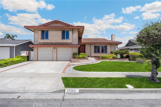 17342 Almelo Ln, Huntington Beach, CA 92649 - view of front of house with a tiled roof, a garage, driveway, a front lawn, and stucco siding