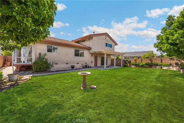 17342 Almelo Ln, Huntington Beach, CA 92649 - rear view of house with a pergola, a patio, stucco siding, a fenced backyard, and crawl space