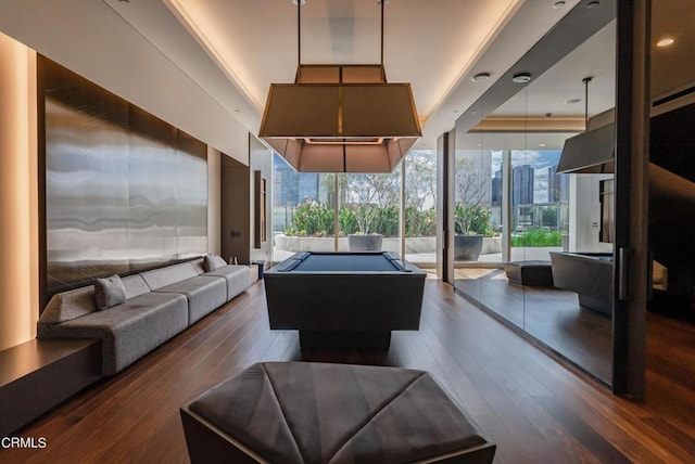 889 Francisco St Unit 802, Los Angeles, CA 90017 - rec room featuring hardwood / wood-style flooring, a wall of windows, billiards, and recessed lighting